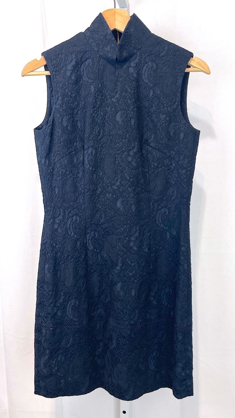 SHANGHAI TANG Sleeveless Qipao Dress Back Zip Cotton Lace Silk Lined Navy Blue 4